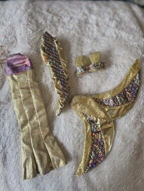 Barbie Doll Jewel Hair Mermaid Gold Sparkle Costume and on land dress 4pc Lot